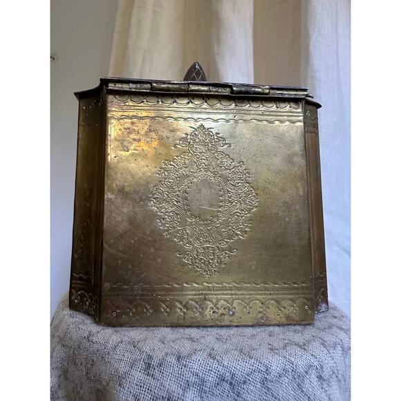 Vintage antique brass jar box lidded engraved trinket 5x4” decorative decor - Picture 3 of 16